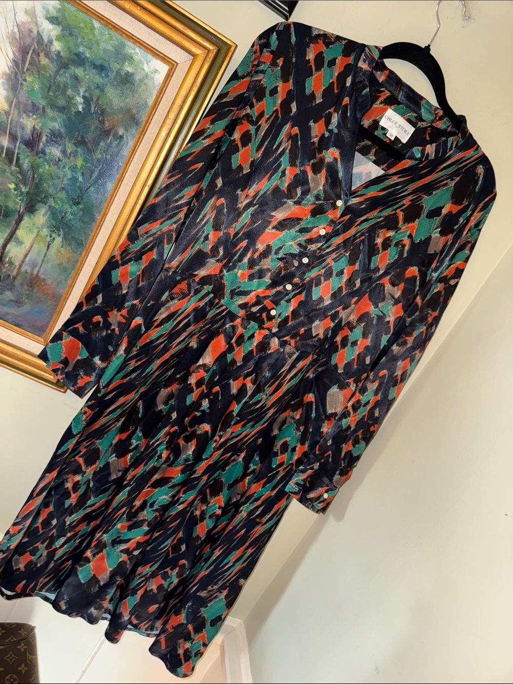 Chloe Stora Abstract Art Print Button-Front Midi Dress in Black, Green & Rust 38